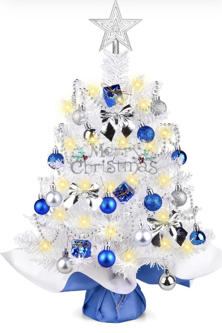 Small White Decorated Christmas Tree with Lights, 24 Inch Artificial